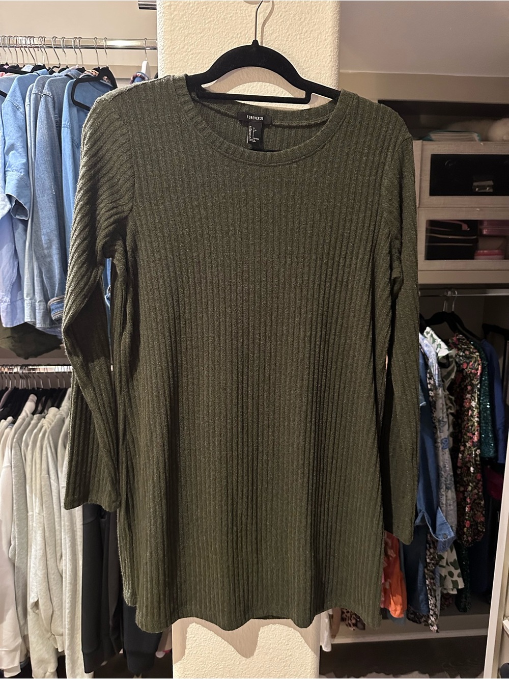 Olive Green Ribbed Long-Sleeve T-shirt/Swing Dress